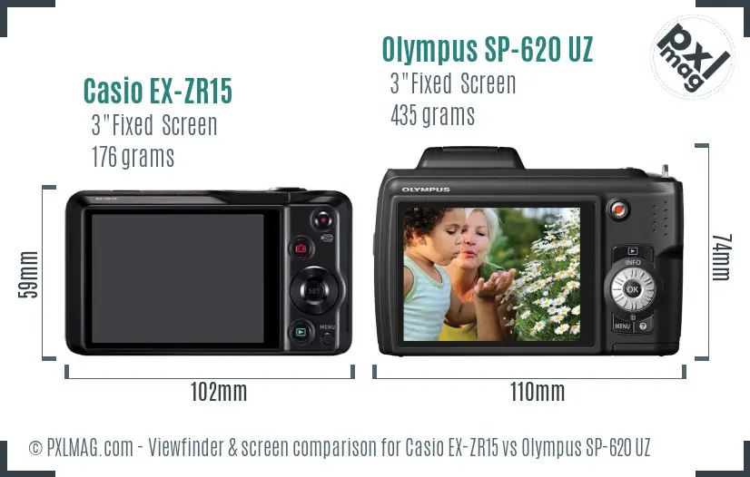 Casio EX-ZR15 vs Olympus SP-620 UZ Screen and Viewfinder comparison