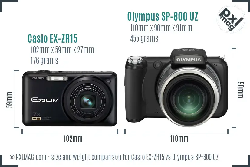 Casio EX-ZR15 vs Olympus SP-800 UZ size comparison Casio EX-ZR15 vs Olympus SP-800 UZ size comparison