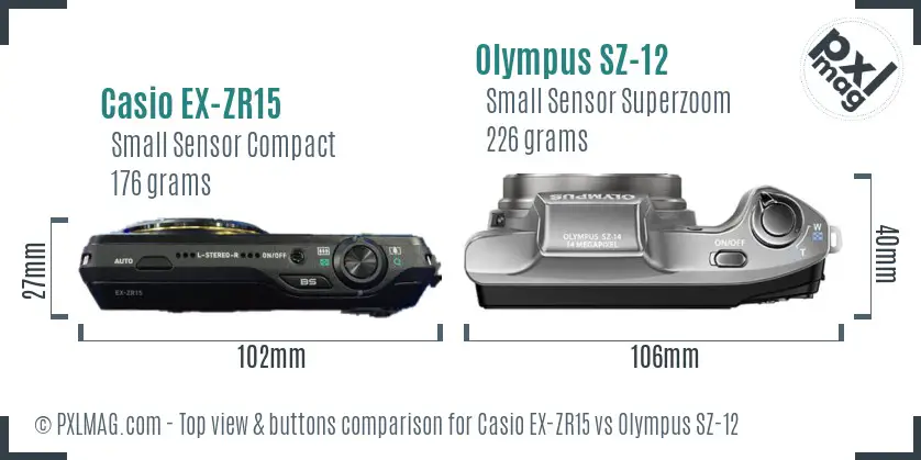 Casio EX-ZR15 vs Olympus SZ-12 top view buttons comparison Casio EX-ZR15 vs Olympus SZ-12 top view buttons comparison