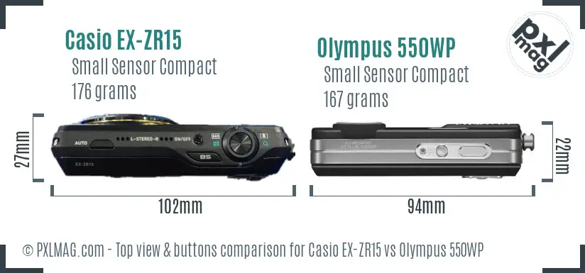 Casio EX-ZR15 vs Olympus 550WP top view buttons comparison Casio EX-ZR15 vs Olympus 550WP top view buttons comparison