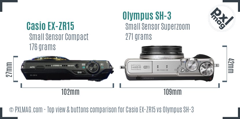 Casio EX-ZR15 vs Olympus SH-3 top view buttons comparison
