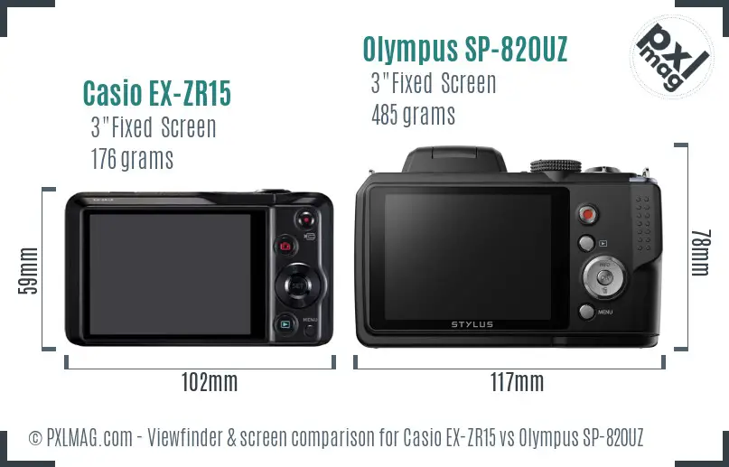 Casio EX-ZR15 vs Olympus SP-820UZ Screen and Viewfinder comparison