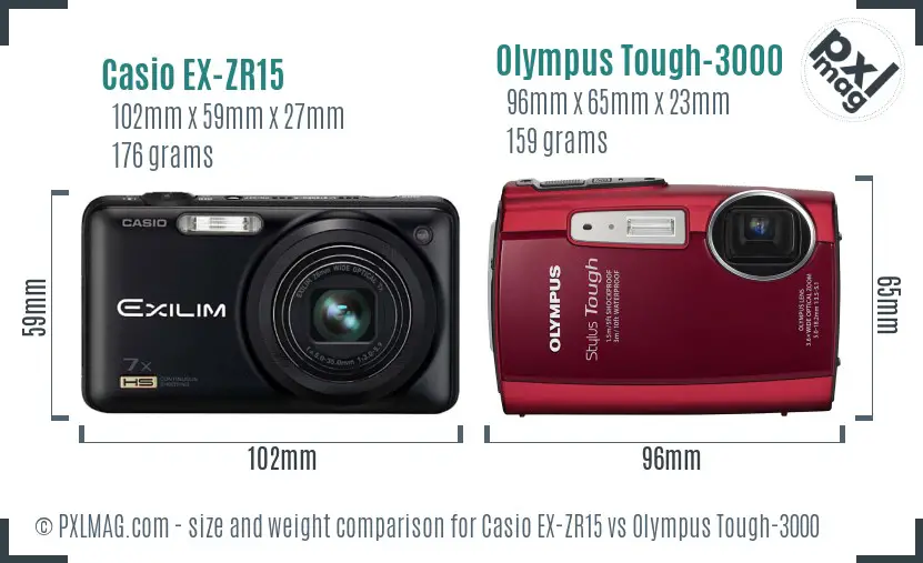 Casio EX-ZR15 vs Olympus Tough-3000 size comparison