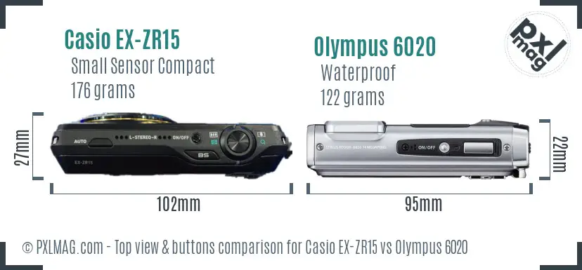 Casio EX-ZR15 vs Olympus 6020 top view buttons comparison Casio EX-ZR15 vs Olympus 6020 top view buttons comparison