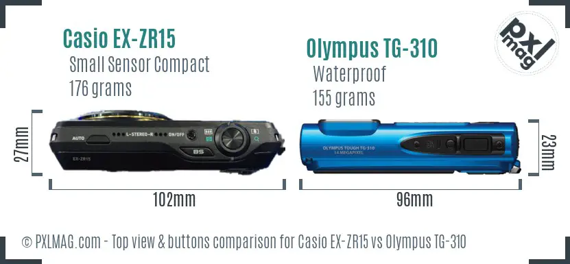 Casio EX-ZR15 vs Olympus TG-310 top view buttons comparison Casio EX-ZR15 vs Olympus TG-310 top view buttons comparison