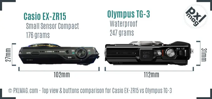 Casio EX-ZR15 vs Olympus TG-3 top view buttons comparison Casio EX-ZR15 vs Olympus TG-3 top view buttons comparison