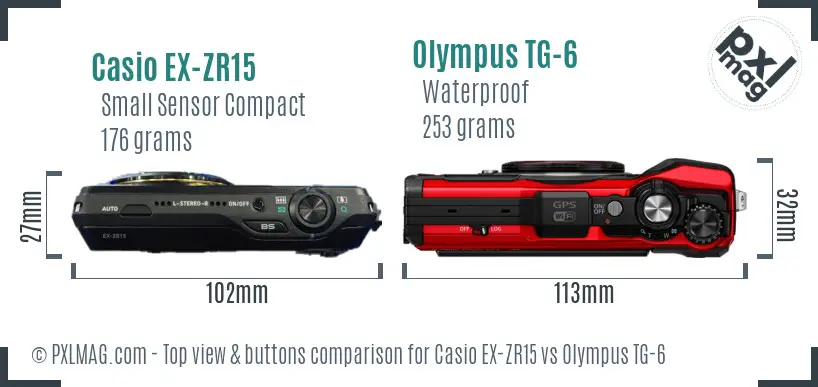 Casio EX-ZR15 vs Olympus TG-6 top view buttons comparison Casio EX-ZR15 vs Olympus TG-6 top view buttons comparison
