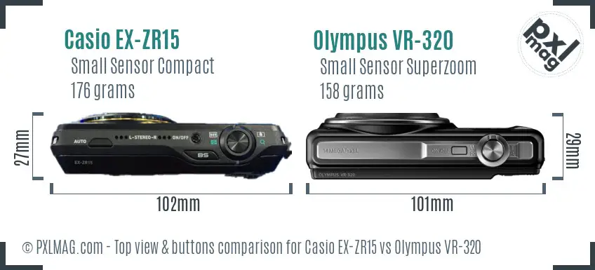 Casio EX-ZR15 vs Olympus VR-320 top view buttons comparison Casio EX-ZR15 vs Olympus VR-320 top view buttons comparison