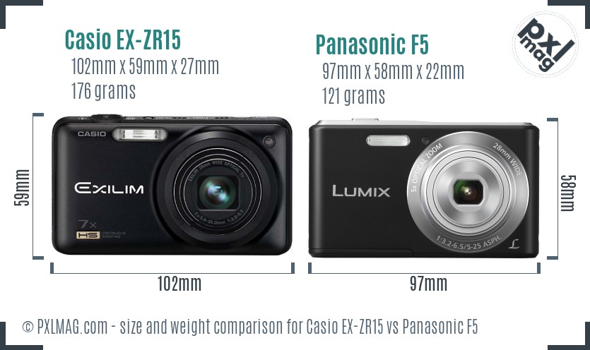 Casio EX-ZR15 vs Panasonic F5 size comparison