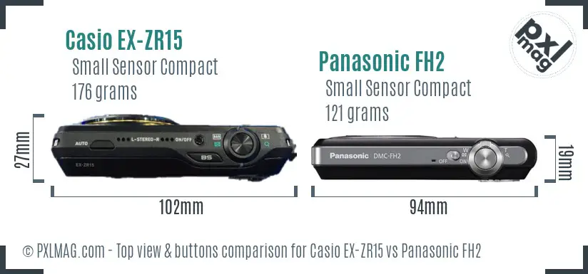 Casio EX-ZR15 vs Panasonic FH2 top view buttons comparison Casio EX-ZR15 vs Panasonic FH2 top view buttons comparison
