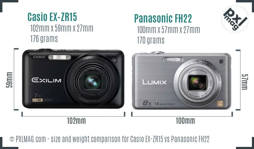 Casio EX-ZR15 vs Panasonic FH22 size comparison