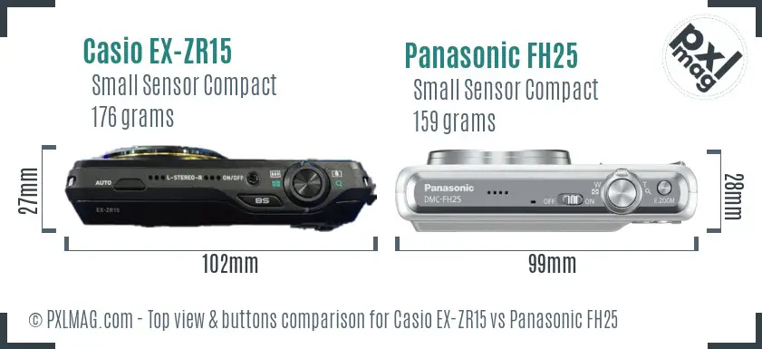 Casio EX-ZR15 vs Panasonic FH25 top view buttons comparison Casio EX-ZR15 vs Panasonic FH25 top view buttons comparison