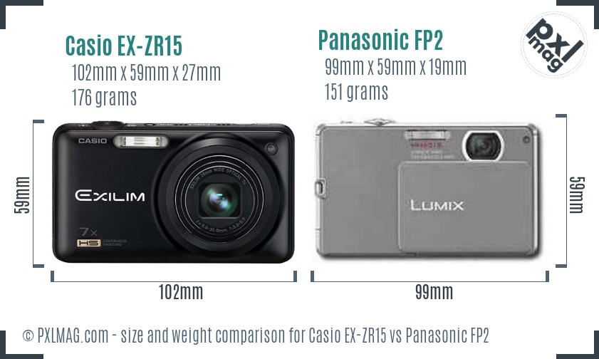 Casio EX-ZR15 vs Panasonic FP2 size comparison Casio EX-ZR15 vs Panasonic FP2 size comparison