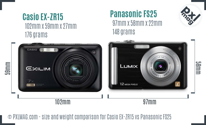 Casio EX-ZR15 vs Panasonic FS25 size comparison