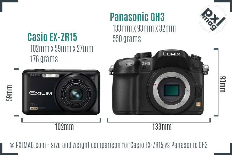 Casio EX-ZR15 vs Panasonic GH3 size comparison