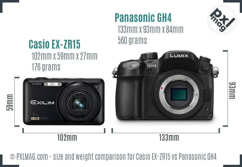Casio EX-ZR15 vs Panasonic GH4 size comparison