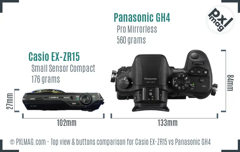 Casio EX-ZR15 vs Panasonic GH4 top view buttons comparison