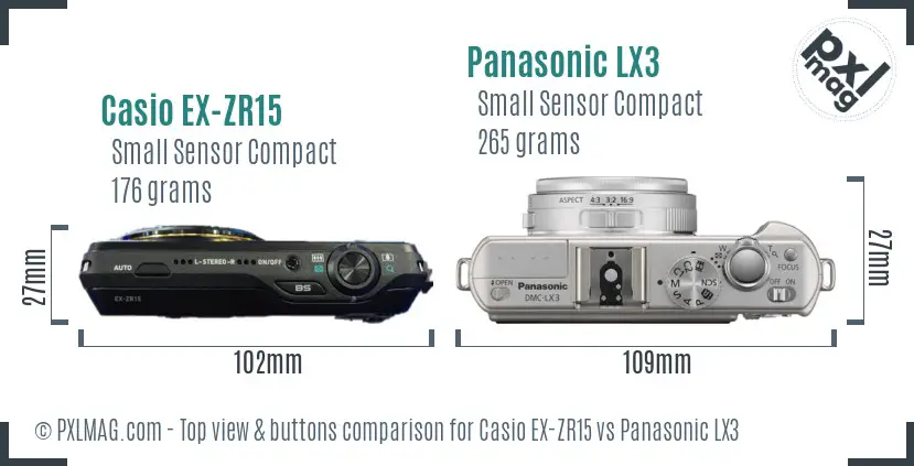 Casio EX-ZR15 vs Panasonic LX3 top view buttons comparison Casio EX-ZR15 vs Panasonic LX3 top view buttons comparison