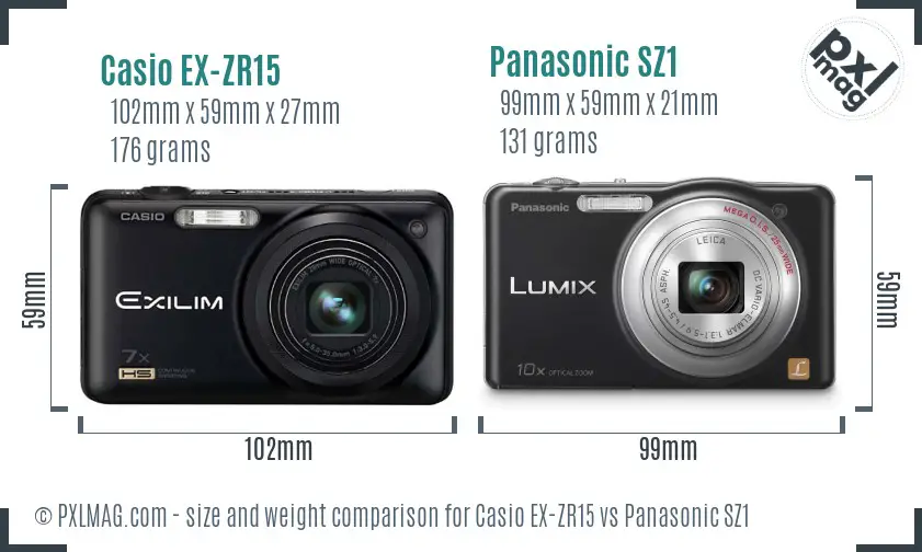 Casio EX-ZR15 vs Panasonic SZ1 size comparison