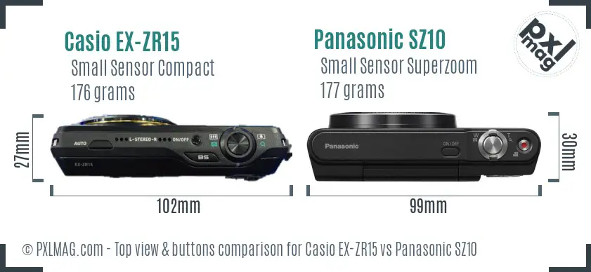 Casio EX-ZR15 vs Panasonic SZ10 top view buttons comparison Casio EX-ZR15 vs Panasonic SZ10 top view buttons comparison