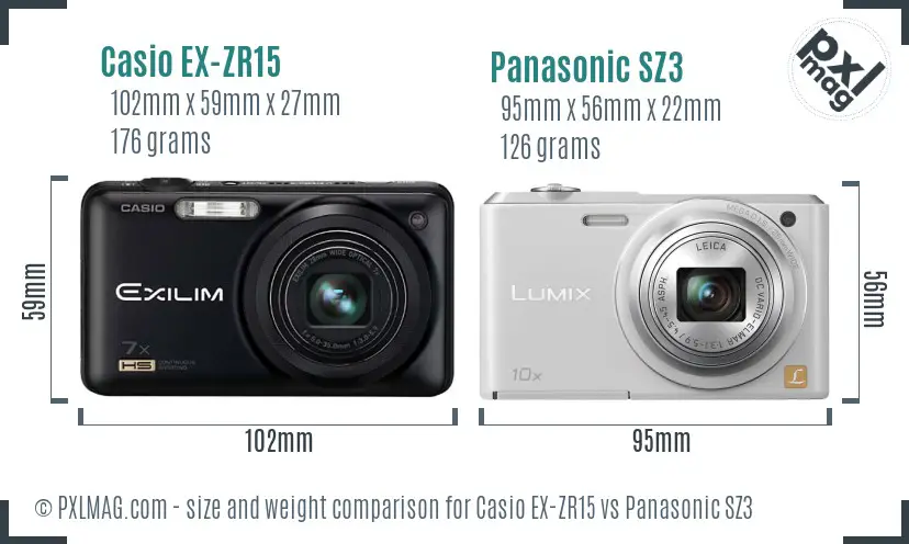 Casio EX-ZR15 vs Panasonic SZ3 size comparison