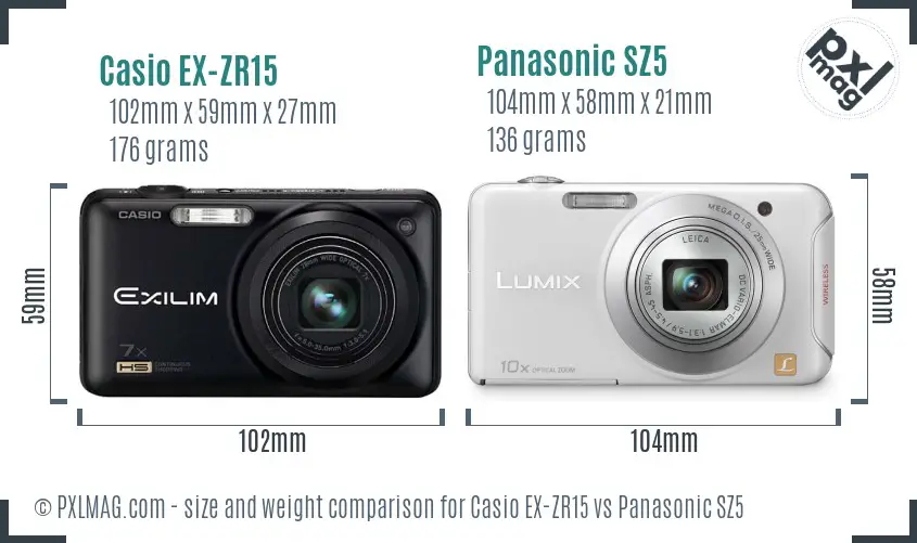 Casio EX-ZR15 vs Panasonic SZ5 size comparison