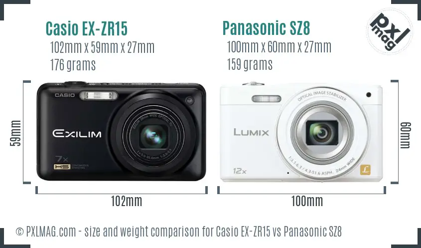 Casio EX-ZR15 vs Panasonic SZ8 size comparison