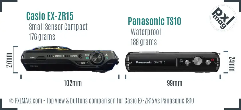 Casio EX-ZR15 vs Panasonic TS10 top view buttons comparison Casio EX-ZR15 vs Panasonic TS10 top view buttons comparison