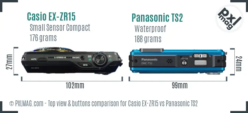 Casio EX-ZR15 vs Panasonic TS2 top view buttons comparison Casio EX-ZR15 vs Panasonic TS2 top view buttons comparison