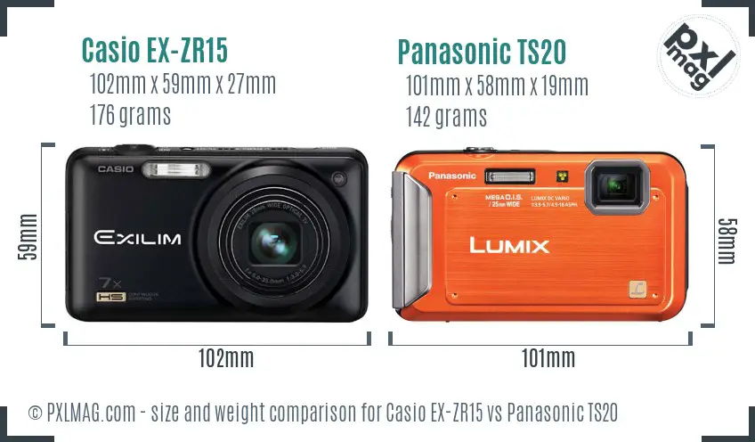Casio EX-ZR15 vs Panasonic TS20 size comparison