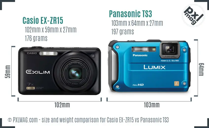Casio EX-ZR15 vs Panasonic TS3 size comparison