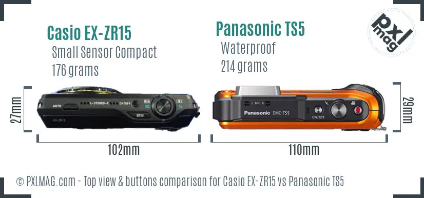 Casio EX-ZR15 vs Panasonic TS5 top view buttons comparison Casio EX-ZR15 vs Panasonic TS5 top view buttons comparison