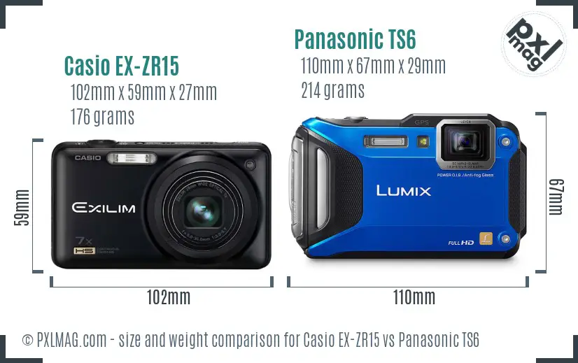 Casio EX-ZR15 vs Panasonic TS6 size comparison
