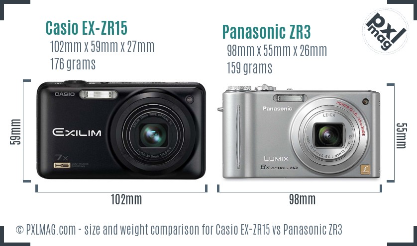 Casio EX-ZR15 vs Panasonic ZR3 size comparison