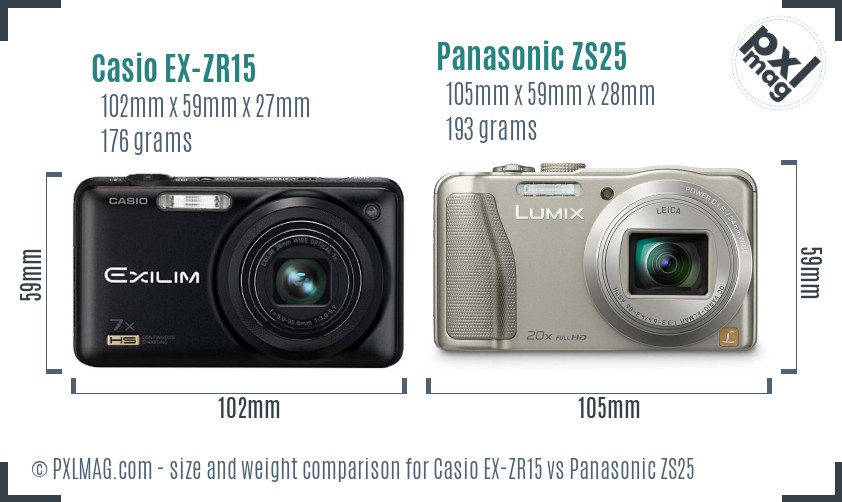 Casio EX-ZR15 vs Panasonic ZS25 size comparison