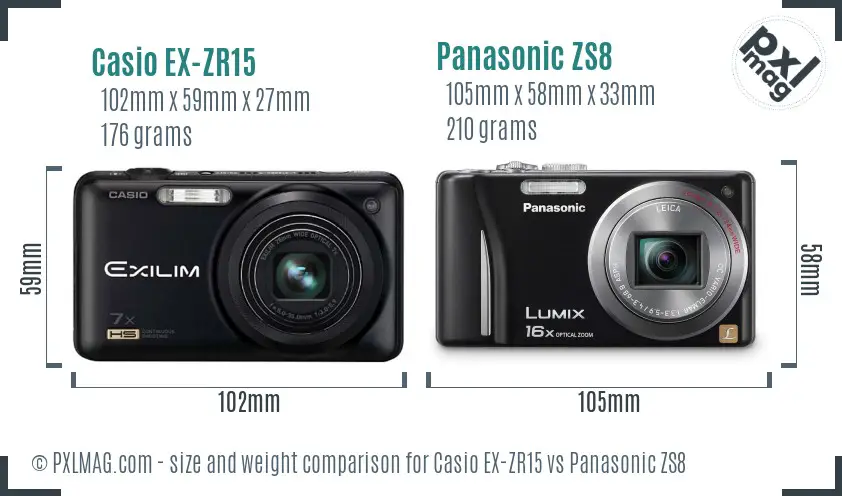 Casio EX-ZR15 vs Panasonic ZS8 size comparison