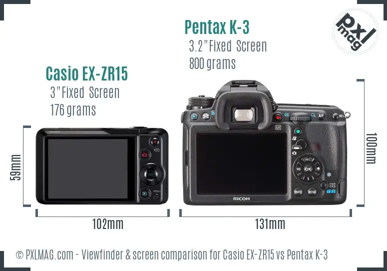 Casio EX-ZR15 vs Pentax K-3 Screen and Viewfinder comparison