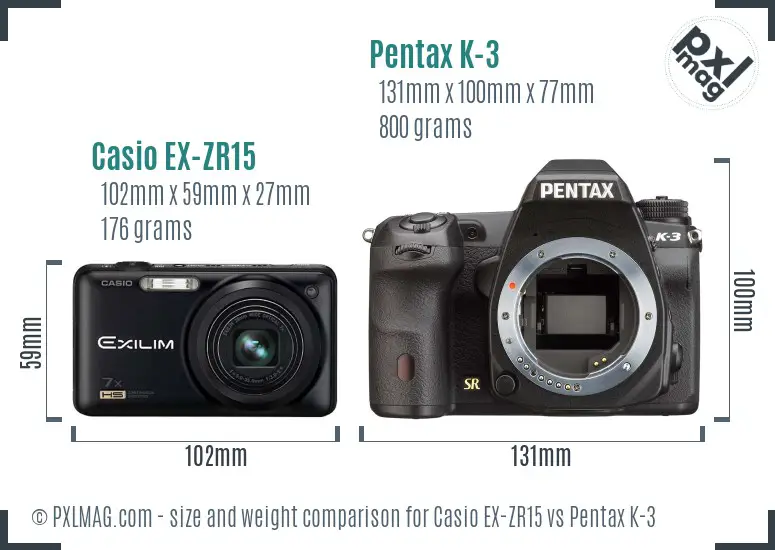 Casio EX-ZR15 vs Pentax K-3 size comparison