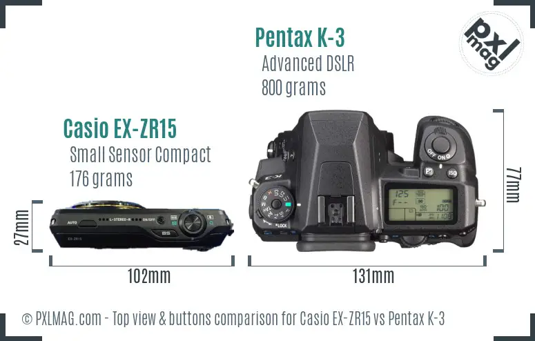 Casio EX-ZR15 vs Pentax K-3 top view buttons comparison