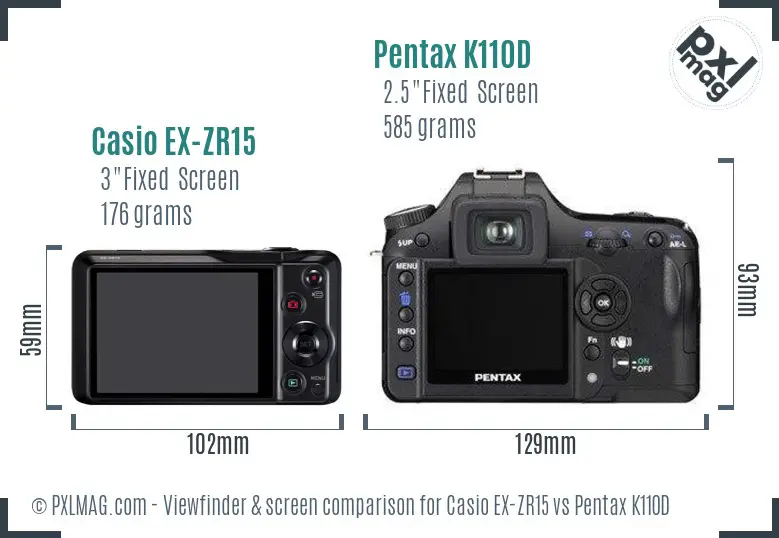 Casio EX-ZR15 vs Pentax K110D Screen and Viewfinder comparison