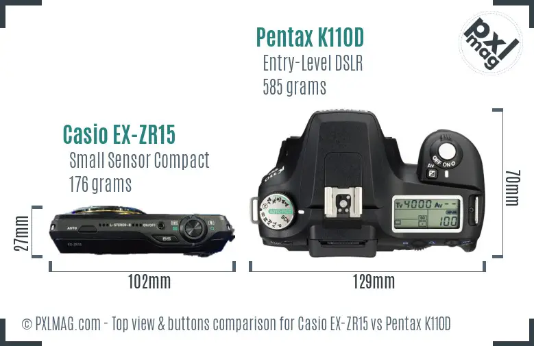 Casio EX-ZR15 vs Pentax K110D top view buttons comparison