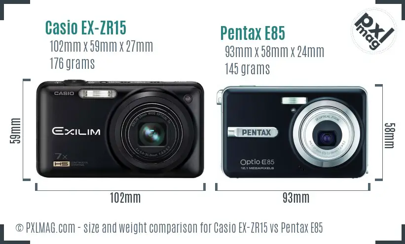 Casio EX-ZR15 vs Pentax E85 size comparison