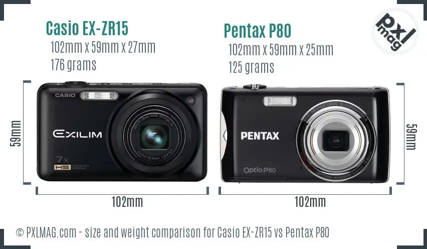 Casio EX-ZR15 vs Pentax P80 size comparison