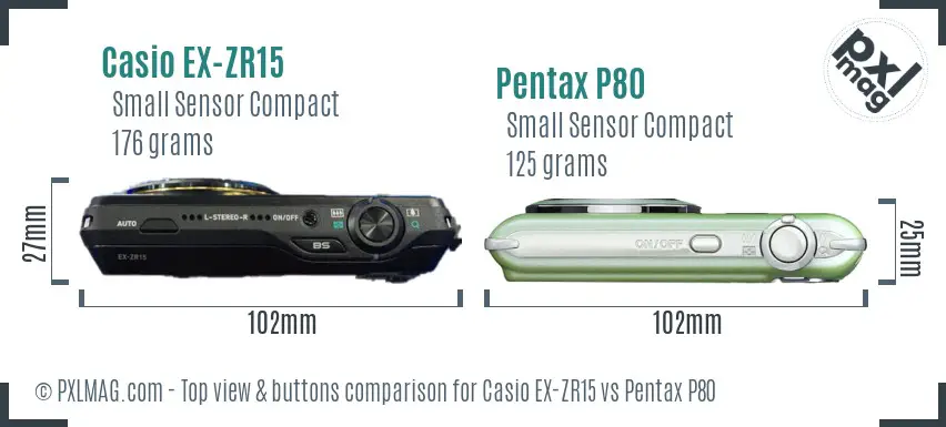 Casio EX-ZR15 vs Pentax P80 top view buttons comparison