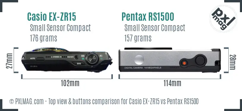 Casio EX-ZR15 vs Pentax RS1500 top view buttons comparison Casio EX-ZR15 vs Pentax RS1500 top view buttons comparison