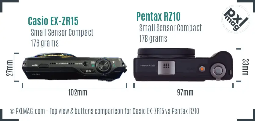 Casio EX-ZR15 vs Pentax RZ10 top view buttons comparison Casio EX-ZR15 vs Pentax RZ10 top view buttons comparison