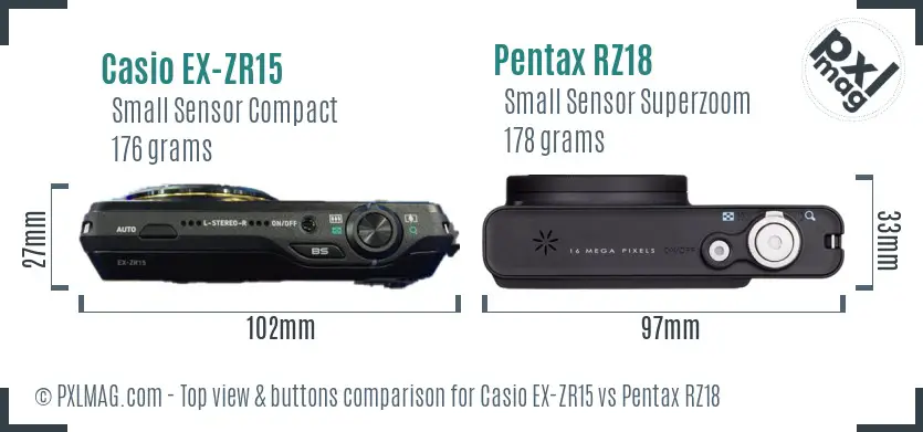 Casio EX-ZR15 vs Pentax RZ18 top view buttons comparison Casio EX-ZR15 vs Pentax RZ18 top view buttons comparison