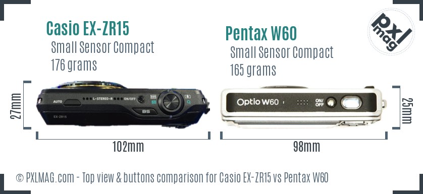 Casio EX-ZR15 vs Pentax W60 top view buttons comparison
