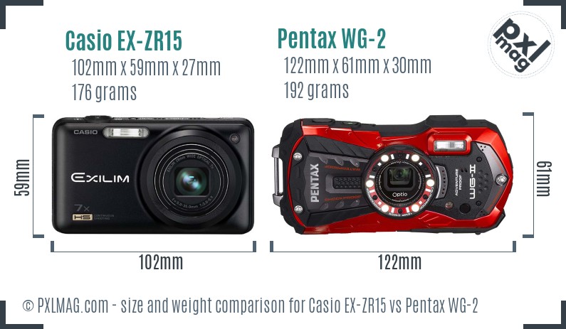 Casio EX-ZR15 vs Pentax WG-2 size comparison