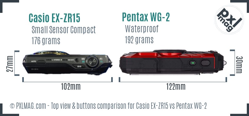 Casio EX-ZR15 vs Pentax WG-2 top view buttons comparison